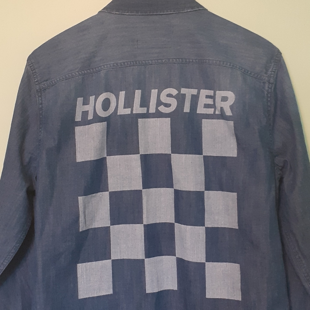 Men's Blue Denim Blue Shirt HOLLISTER Chessboard Longline Denim Shirt LARGE